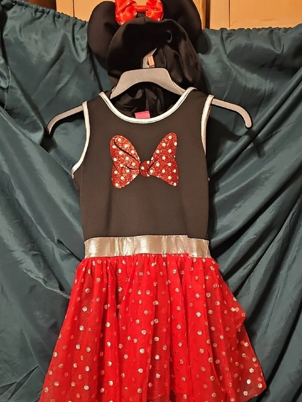 Disney's Minnie Mouse Black & Red Sparkle Bow Dress W/ Attached Hoodie/Ears